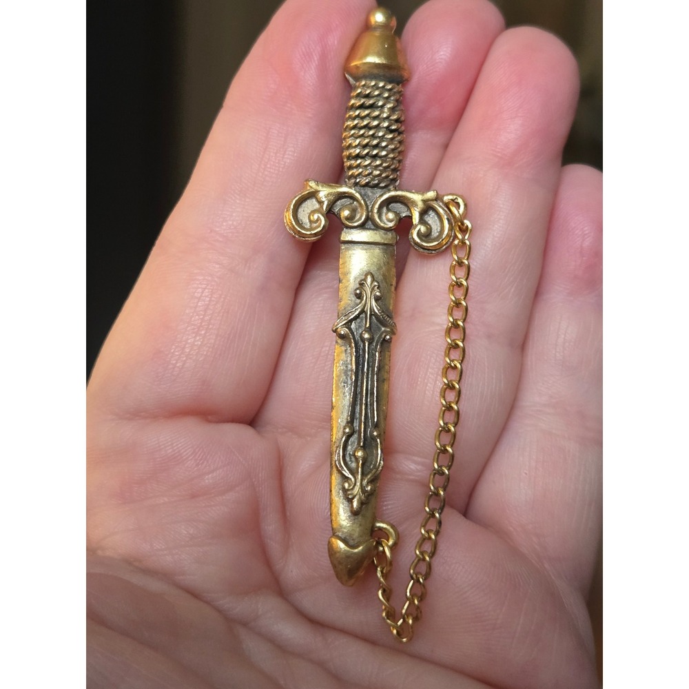 Antique Ornate Sword Dagger Chatelain Brooch Victorian Safety Chain